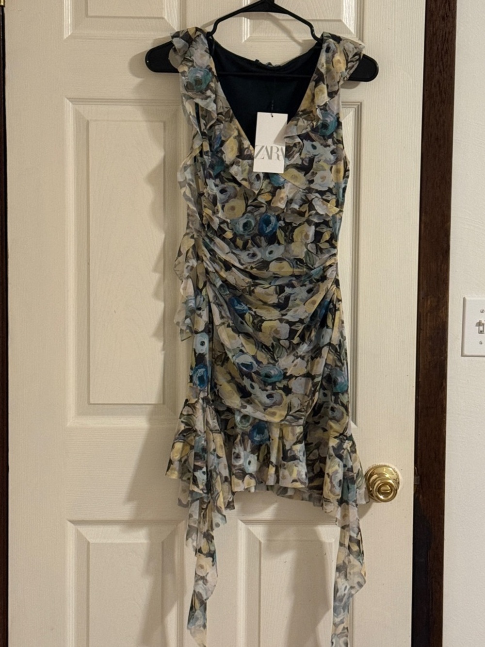 Zara Floral Ruffle Mini Dress in Blue, Yellow & Green - Picture 4 of 10